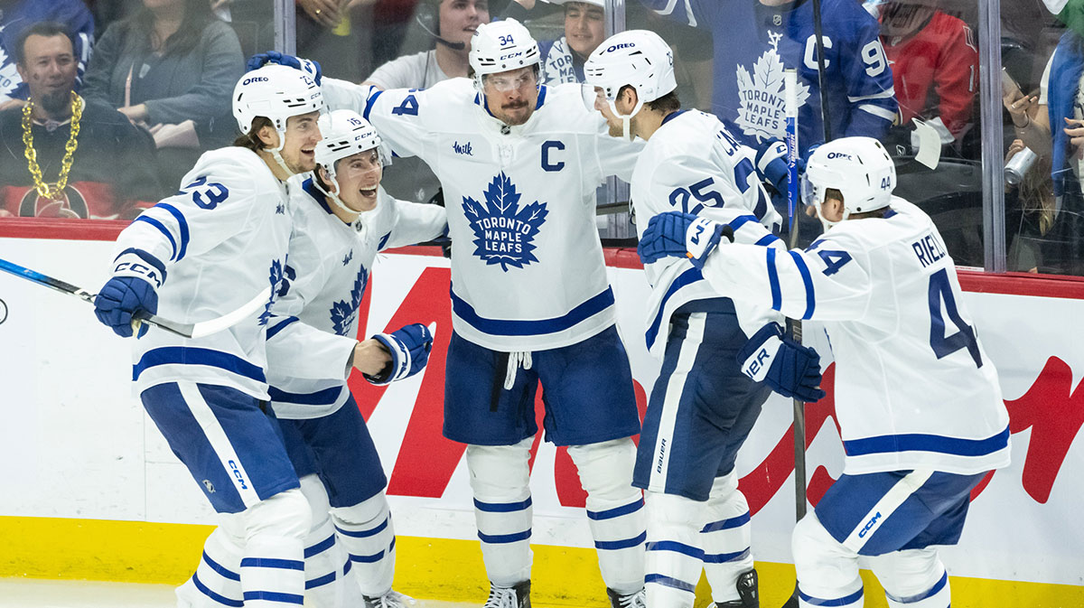 The Toronto Maple Leafs celebrate a goal goal scored by center Auston Matthews (34) in game three of the first round of the 2025 Stanley Cup Playoffs against the Ottawa Senators at Canadian Tire Centre.