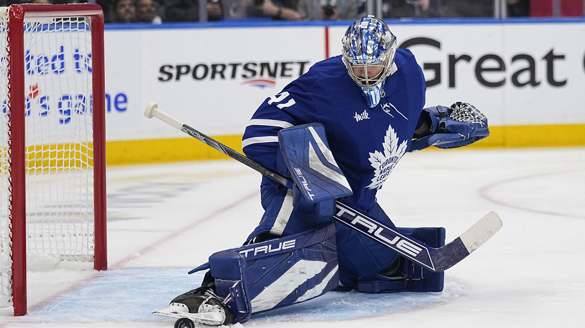 Toronto Maple Leafs goaltender Anthony Stolarz (41) makes a toe save against the Florida Panthers during the second period of the second round of the 2025 Stanley Cup Playoffs at Scotiabank Arena.