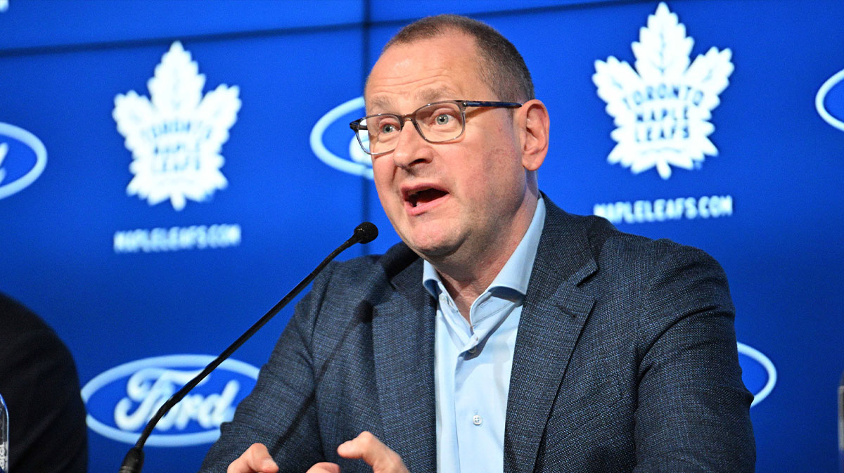Toronto Maple Leafs general manager Brad Treliving speaks during a media conference to introduce new head coach Craig Berube (not shown) at Ford Performance Centre