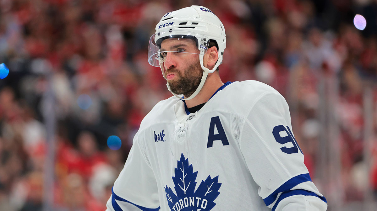 Toronto Maple Leafs center John Tavares (91) looks on against the Florida Panthers during the first period in game six of the second round of the 2025 Stanley Cup Playoffs at Amerant Bank Arena