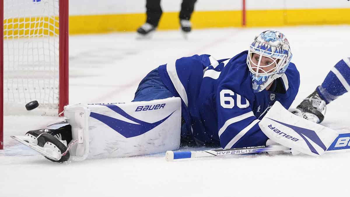 Florida Panthers forward Anton Lundell (not pictured) scores on Toronto Maple Leafs goaltender Joseph Woll (60) during the second period of game seven of the second round of the 2025 Stanley Cup Playoffs at Scotiabank Arena.