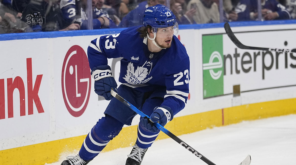 Toronto Maple Leafs forward Matthew Knies (23) carries the puck against the Florida Panthers during the first period of game five of the second round of the 2025 Stanley Cup Playoffs at Scotiabank Arena