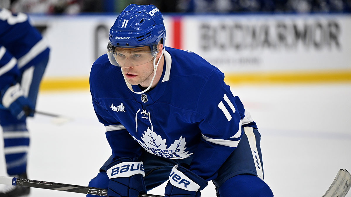 Toronto Maple Leafs forward Max Domi (11) prepares to take a faceoff against the Ottawa Senators in the first period in game two of the first round of the 2025 Stanley Cup Playoffs at Scotiabank Arena.