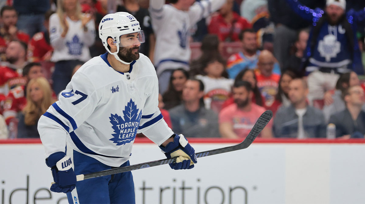 Toronto Maple Leafs left wing Max Pacioretty (67) celebrates after scoring against the Florida Panthers during the third period in game six of the second round of the 2025 Stanley Cup Playoffs at Amerant Bank Arena.