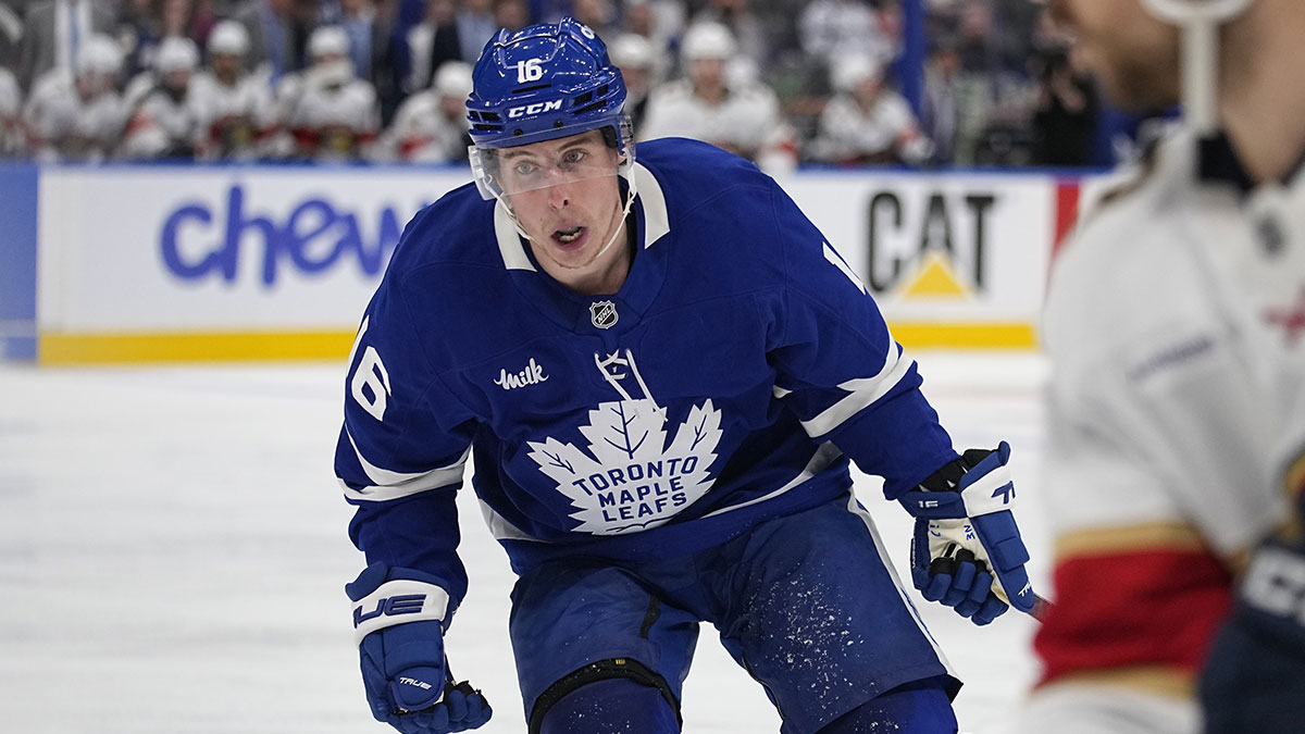 Toronto Maple Leafs forward Mitch Marner (16) skates against the Florida Panthers during the third period of game five of the second round of the 2025 Stanley Cup Playoffs at Scotiabank Arena.