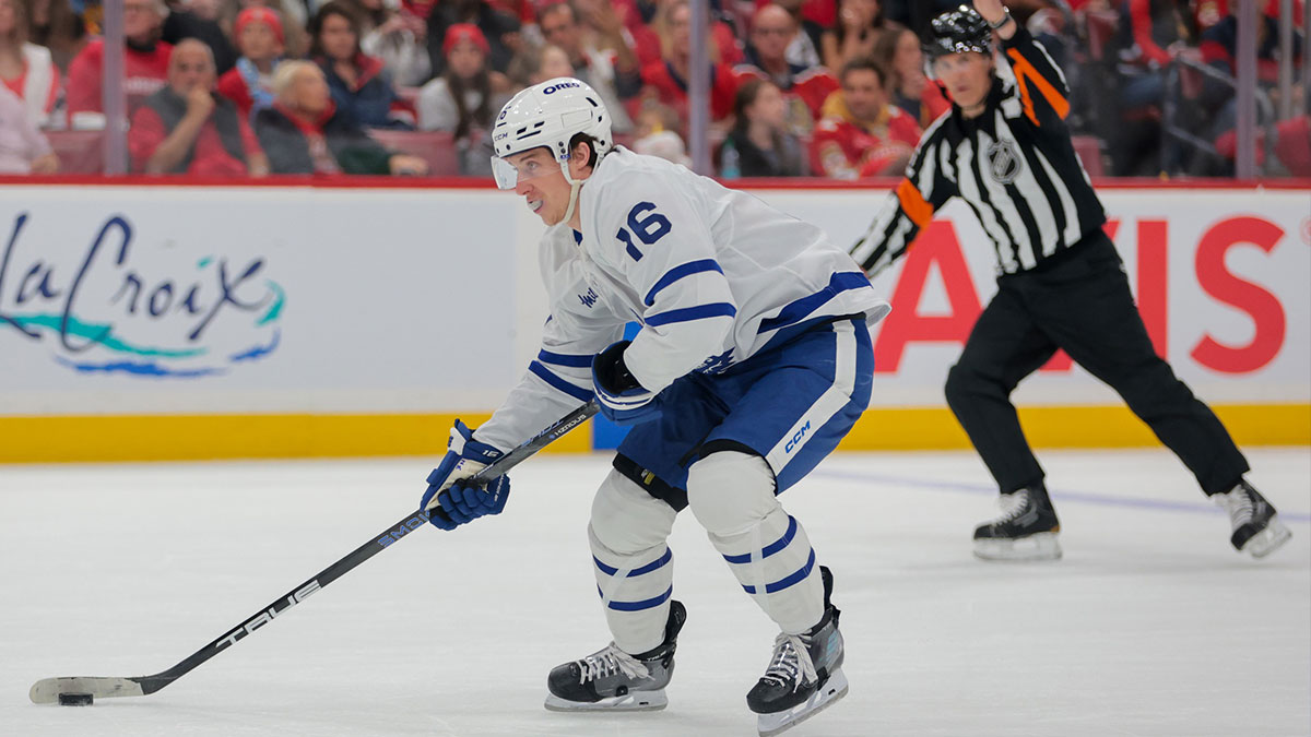 Toronto Maple Leafs right wing Mitch Marner (16) moves the puck against the Florida Panthers during the first period in game three of the second round of the 2025 Stanley Cup Playoffs at Amerant Bank Arena.