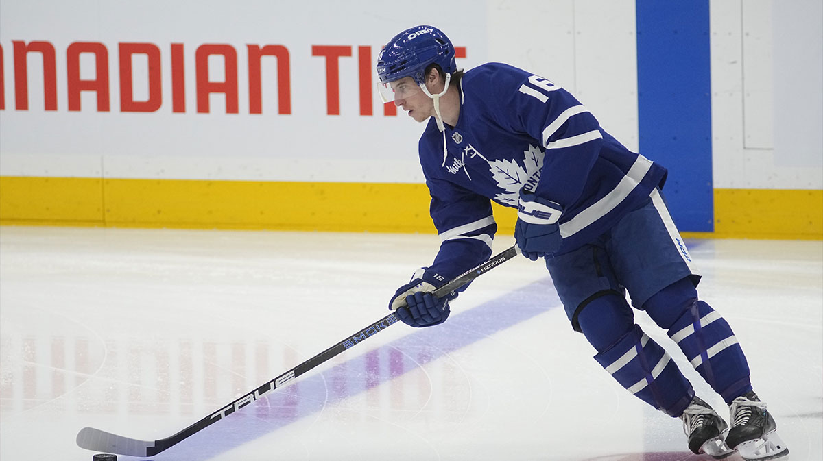 Toronto Maple Leafs forward Mitch Marner (16) skates with the puck before game one of the second round of the 2025 Stanley Cup Playoffs against the Florida Panthers at Scotiabank Arena