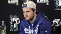 Toronto Maple Leafs forward William Nylander (88) during a post game press conference following game one in the second round of the 2025 Stanley Cup Playoffs against the Florida Panthers at Scotiabank Arena.