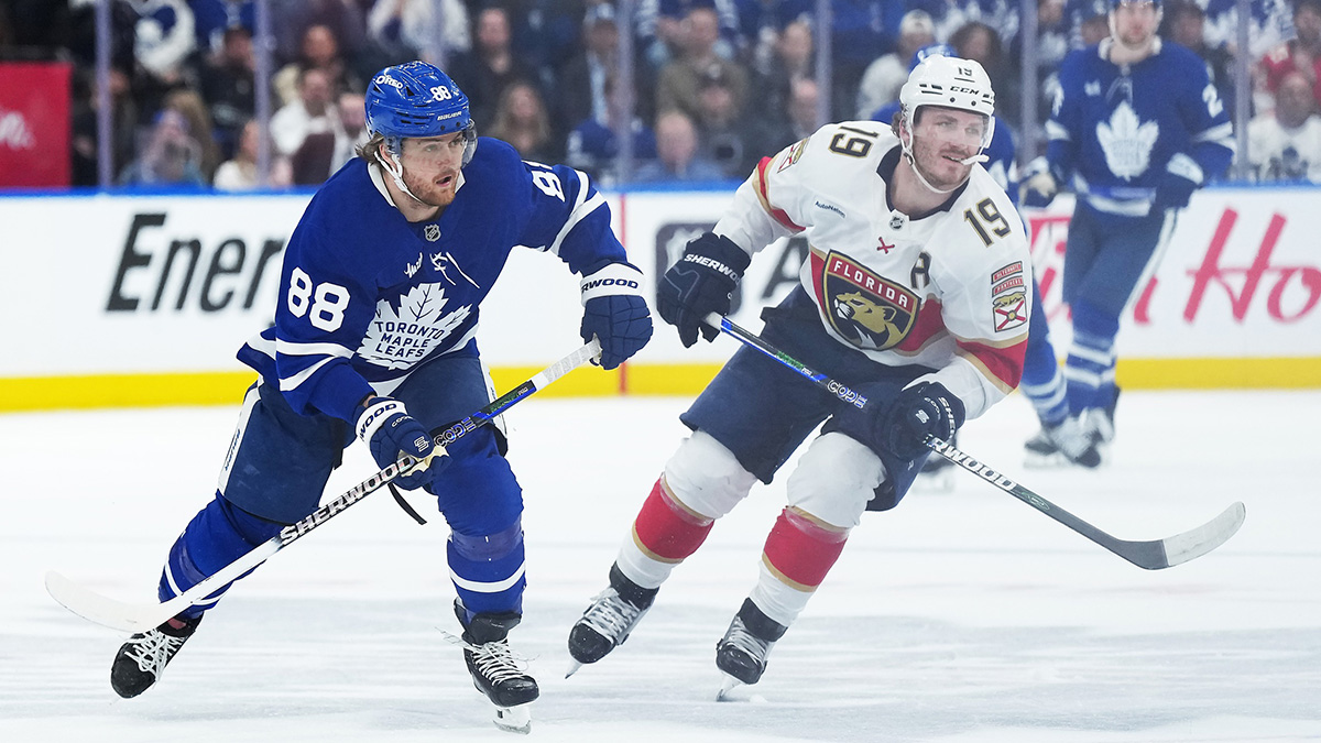Toronto Maple Leafs right wing William Nylander (88) skates with Florida Panthers left wing Matthew Tkachuk (19) during the third period in game two of the second round of the 2025 Stanley Cup Playoffs at Scotiabank Arena.