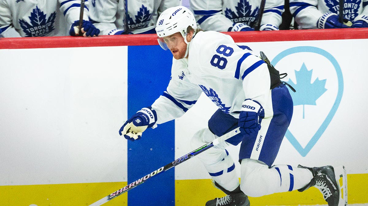 Toronto Maple Leafs right wing William Nylander (88) skates with the puck in game six of the first round of the 2025 Stanley Cup Playoffs against the Ottawa Senators at Canadian Tire Centre