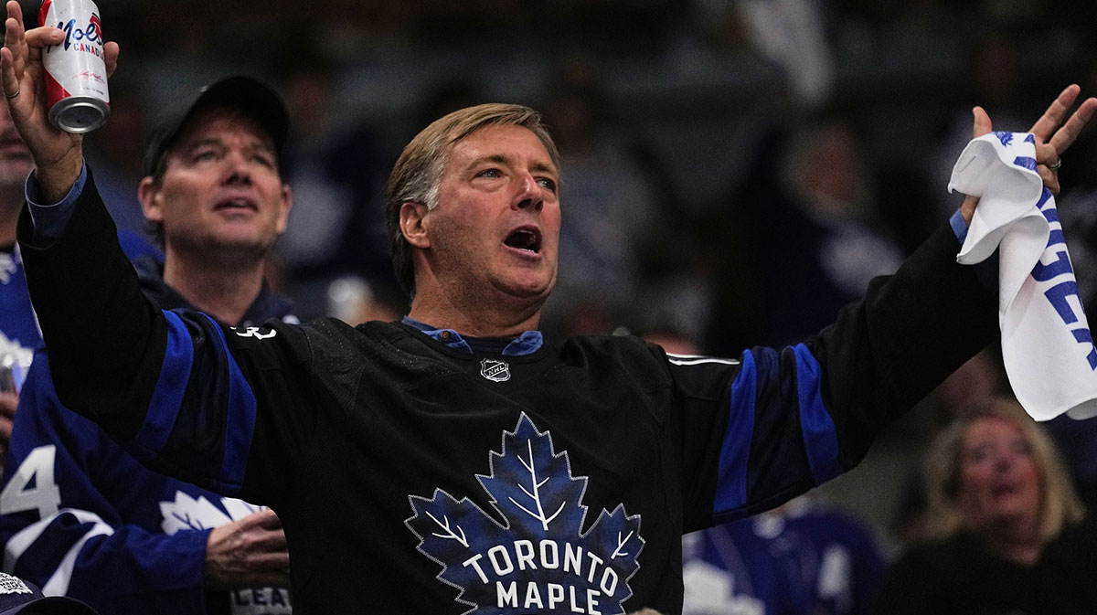 A Toronto Maple Leafs fan reacts to a play against the Florida Panthers during the first period of game seven of the second round of the 2025 Stanley Cup Playoffs at Scotiabank Arena.
