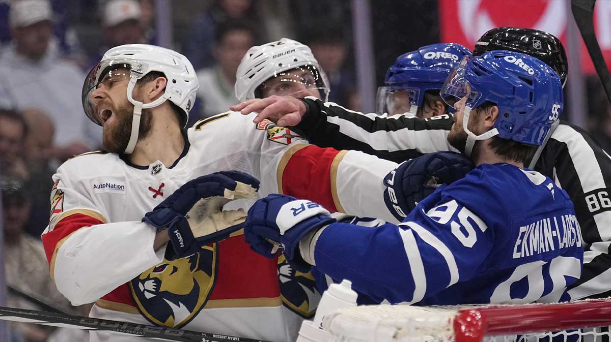 Florida Panthers forward A.J. Greer (10) reacts after getting punched by Toronto Maple Leafs defenceman Oliver Ekman-Larsson (95) during the second period of game five of the second round of the 2025 Stanley Cup Playoffs at Scotiabank Arena.