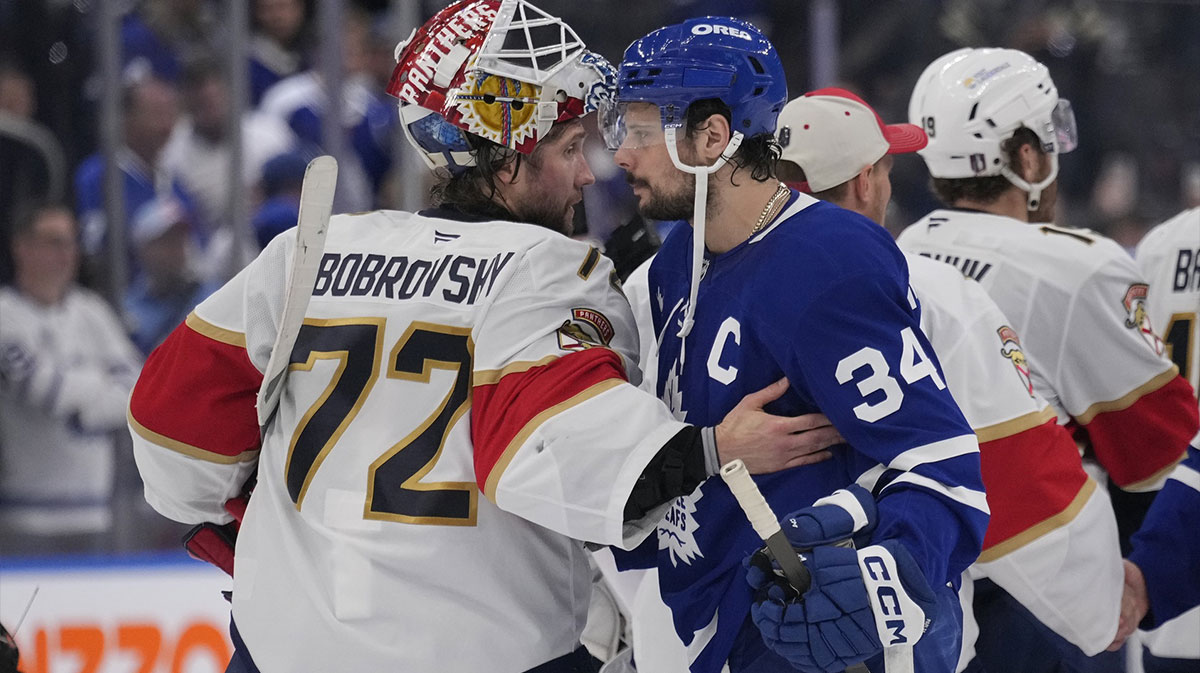 Toronto Maple Leafs forward Auston Matthews (34) and Florida Panthers goaltender Sergei Bobrovsky (72) shake hands after game seven of the second round of the 2025 Stanley Cup Playoffs at Scotiabank Arena.
