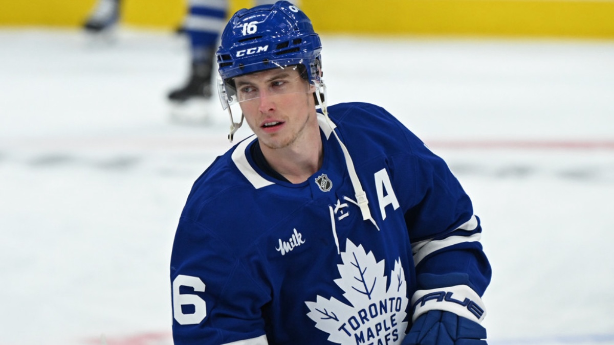 Toronto Maple Leafs forward Mitch Marner (16) skates against the Ottawa Senators during the second period of game one of the first round of the 2025 Stanley Cup Playoffs at Scotiabank Arena