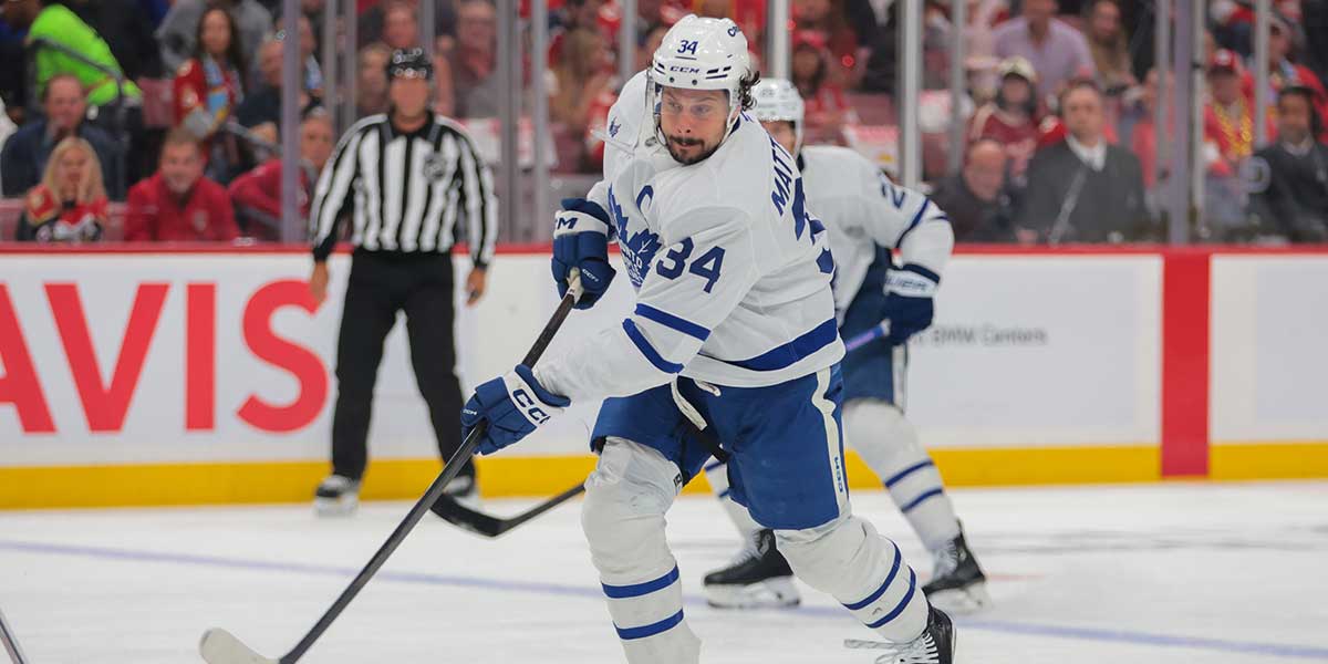 Toronto Maple Leafs center Auston Matthews (34) shoots the puck against the Florida Panthers during the first period in game six of the second round of the 2025 Stanley Cup Playoffs at Amerant Bank Arena.