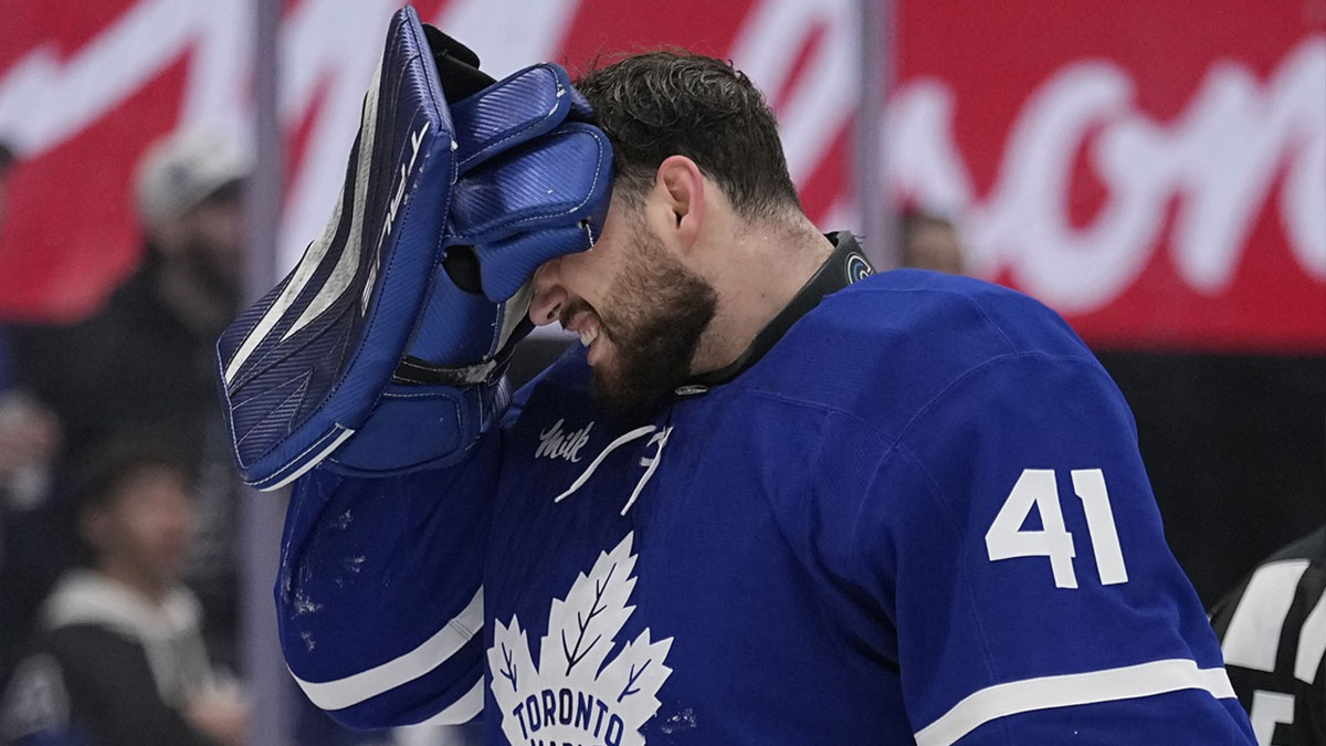 Toronto Maple Leafs goaltender Anthony Stolarz (41) reacts after a collision with Florida Panthers forward Sam Bennett (not pictured) during the second period in game one of the second round of the 2025 Stanley Cup Playoffs at Scotiabank Arena.