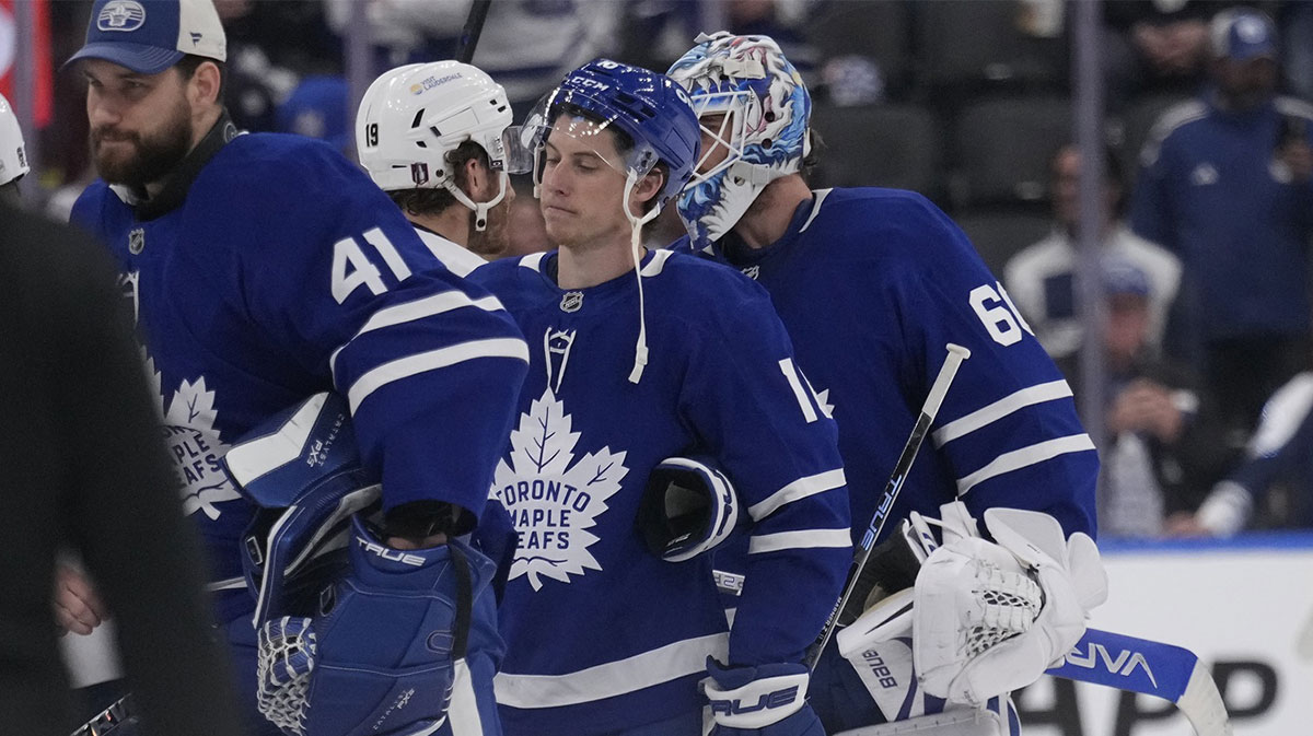 Toronto Maple Leafs forward Mitch Marner (16) reacts after losing the second round of the 2025 Stanley Cup Playoffs to the Florida Panthers at Scotiabank Arena.