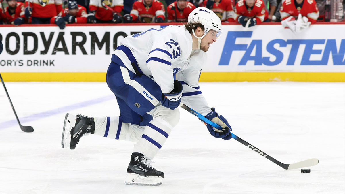 Toronto Maple Leafs left wing Matthew Knies (23) skates with the puck against the Florida Panthers during the third period in game four of the second round of the 2025 Stanley Cup Playoffs at Amerant Bank Arena.