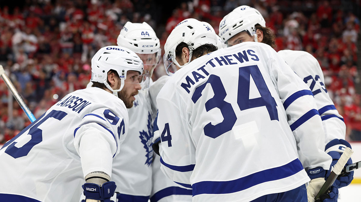 Toronto Maple Leafs center Auston Matthews (34) talks with defenseman Oliver Ekman-Larsson (95), defenseman Morgan Rielly (44), left wing Matthew Knies (23) and right wing Mitch Marner (16) against the Florida Panthers during the third period in game four of the second round of the 2025 Stanley Cup Playoffs at Amerant Bank Arena.