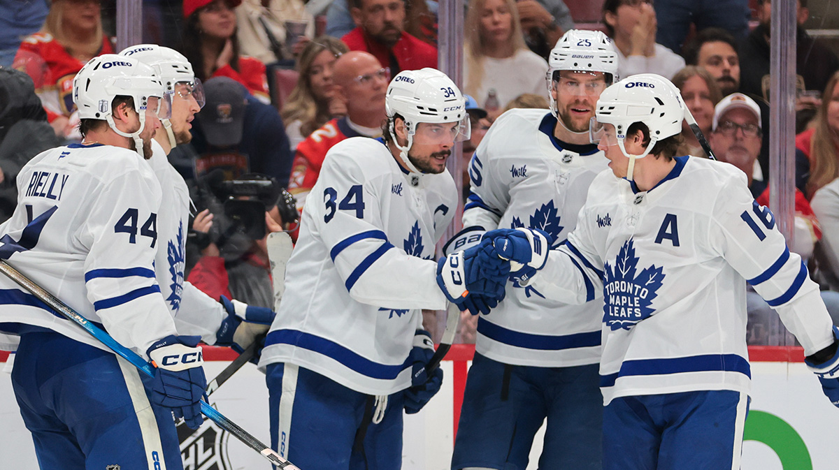 Toronto Maple Leafs center Auston Matthews (34) celebrates with teammates after scoring against the Florida Panthers during the third period in game six of the second round of the 2025 Stanley Cup Playoffs at Amerant Bank Arena.