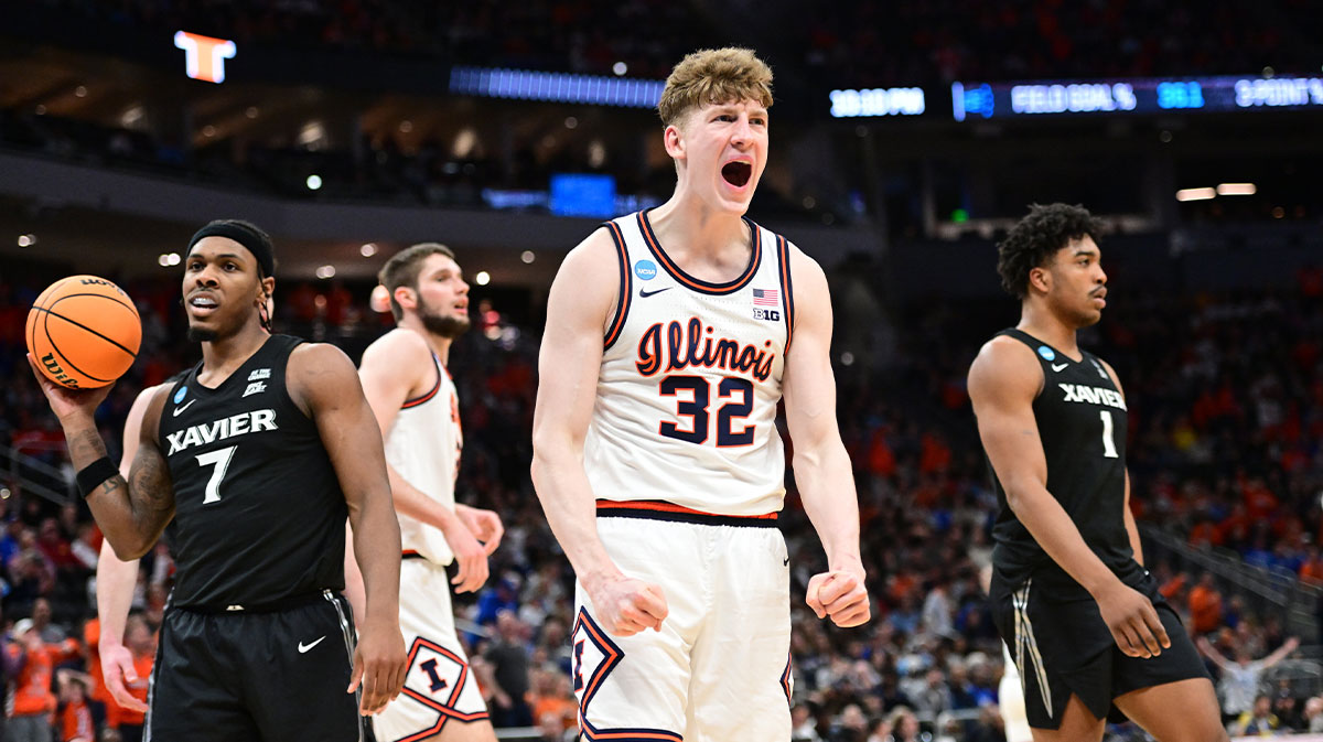 Illinois Fighting Illini guard Kasparas Jakucionis (32) reacts during the second half against the Xavier Musketeers at Fiserv Forum.