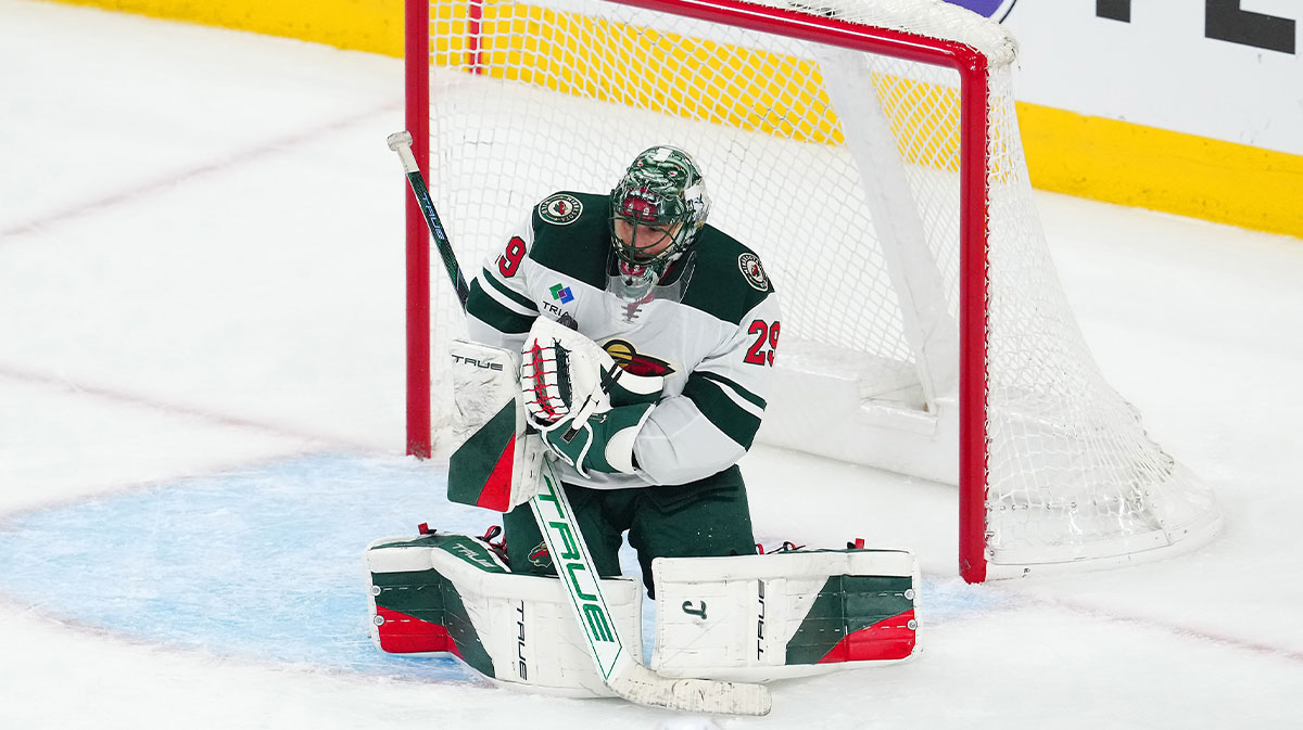 Minnesota Wild goaltender Marc-Andre Fleury (29) makes a save against the Vegas Golden Knights during the third period of game five of the first round of the 2025 Stanley Cup Playoffs at T-Mobile Arena.