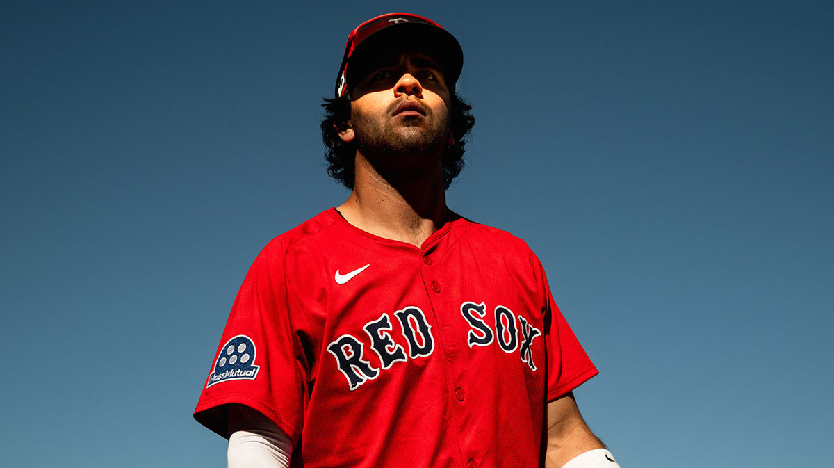 Marcelo Mayer gets ready for a Spring Training game on March 11, 2025, at JetBlue Park in Fort Myers, Florida.
