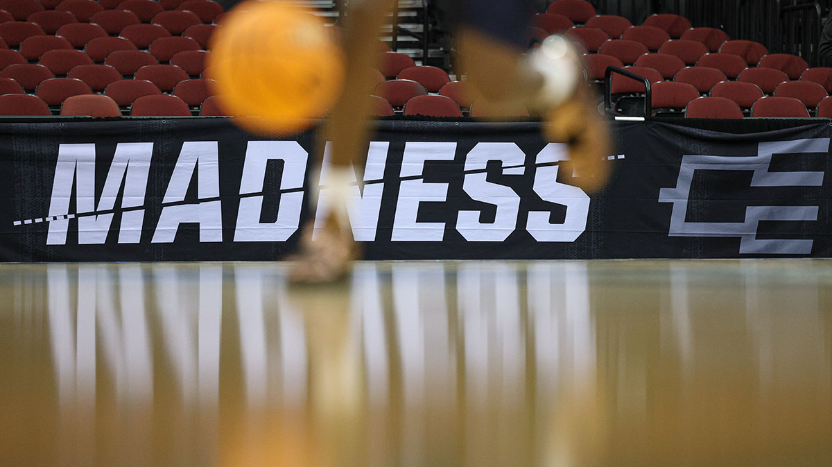 General view of a NCAA March Madness logo during a practice sessions in preparation for an East Regional semifinal games at Prudential Center.