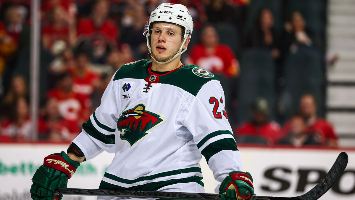 Minnesota Wild center Marco Rossi (23) against the Calgary Flames during the third period at Scotiabank Saddledome.