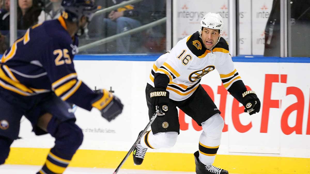 Buffalo Sabres right wing Mike Grier (25) applies pressure to Boston Bruins left wing Marco Sturm (16) during the first period of game two in the first round of the 2010 Stanley Cup Playoffs at HSBC Arena.