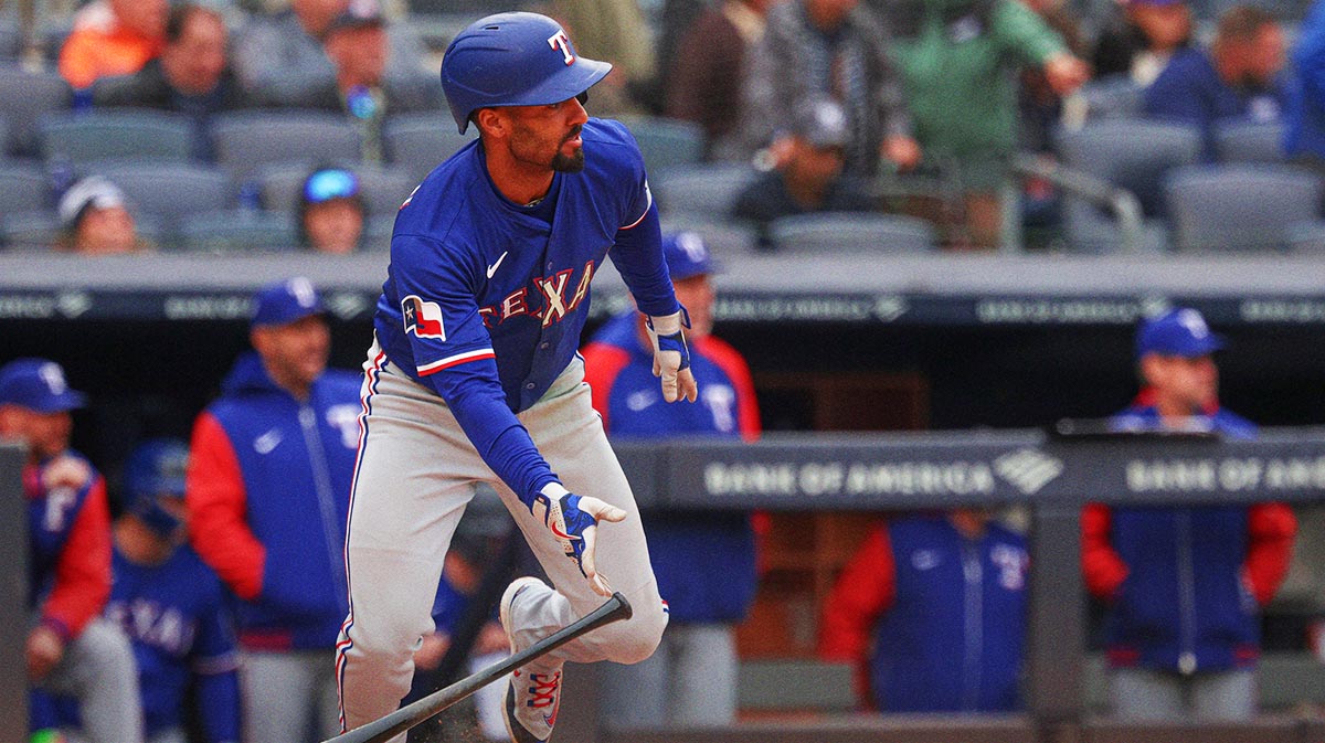 Texas Rangers second baseman Marcus Semien (2) singles during the seventh inning against the New York Yankees at Yankee Stadium.