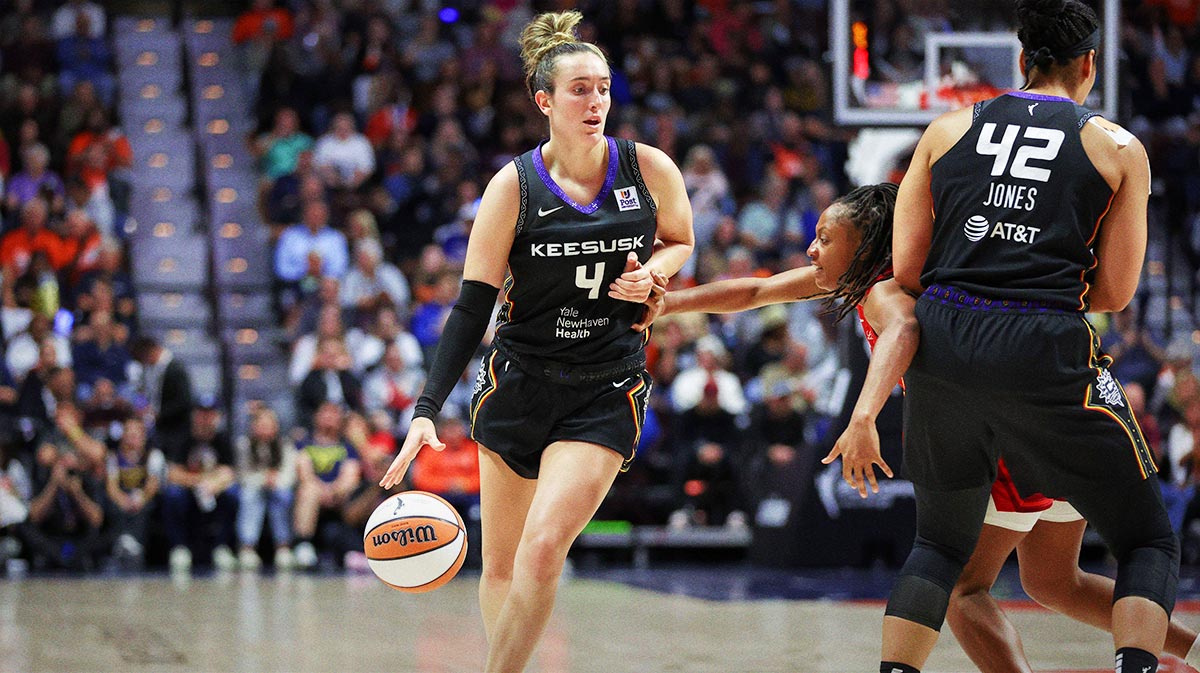Connecticut Sun guard Marina Mabrey (4) dribbles the ball during the second half against the Indiana Fever during game two of the first round of the 2024 WNBA Playoffs at Mohegan Sun Arena.