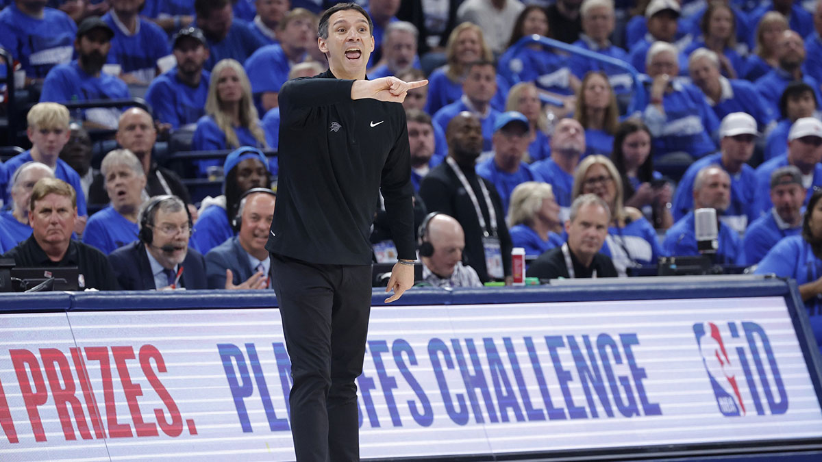 Thunder head coach Mark Daigneault in the first quarter against the Minnesota Timberwolves during game two of the western conference finals for the 2025 NBA Playoffs at Paycom Center.