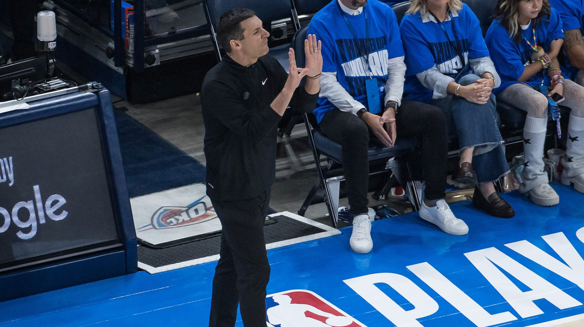 Oklahoma City Thunder head coach Mark Daigneault in the third quarter against the Minnesota Timberwolves during game two of the western conference finals for the 2025 NBA Playoffs at Paycom Center.