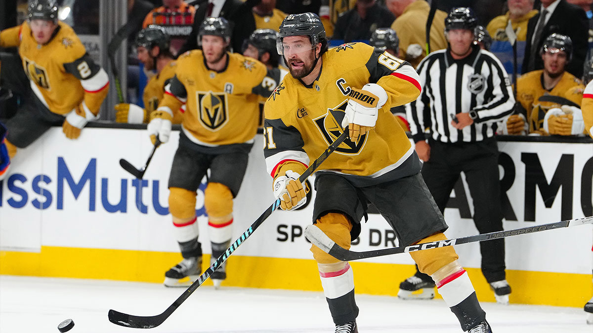 Vegas Golden Knights right wing Mark Stone (61) skates against the Edmonton Oilers during the second period of game one of the second round of the 2025 Stanley Cup Playoffs at T-Mobile Arena.