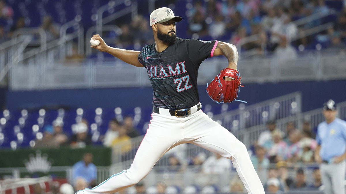Miami Marlins starting pitcher Sandy Alcantara (22) pitches against the Tampa Bay Rays during the first inning at loanDepot Park.