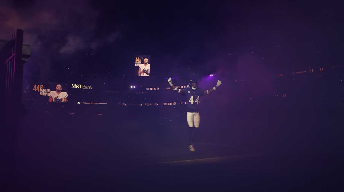 Baltimore Ravens cornerback Marlon Humphrey (44) takes to the field prior to the Ravens' game against the Pittsburgh Steelers in an AFC wild card game.