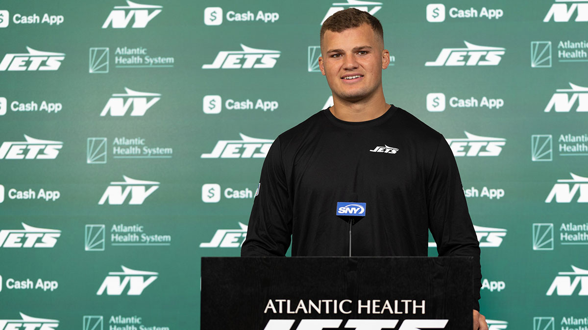 May 9, 2025; Florham Park, NJ, USA; New York Jets rookie tight end Mason Taylor (46) takes questions from the media during the minicamp at Atlantic Health Jets Training Center. Mandatory Credit: Thomas Salus-Imagn Images