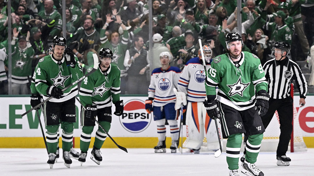 Dallas Stars center Matt Duchene (95) reacts after scoring a goal against the Edmonton Oilers in the third period during game one of the Western Conference Final of the 2025 Stanley Cup Playoffs at American Airlines Center.