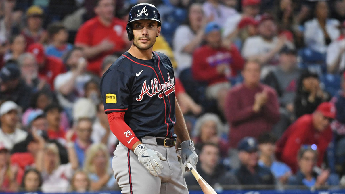 Atlanta Braves first base Matt Olson (28) reacts after striking out with the bases loaded to end the fifth inning against the Philadelphia Phillies at Citizens Bank Park.