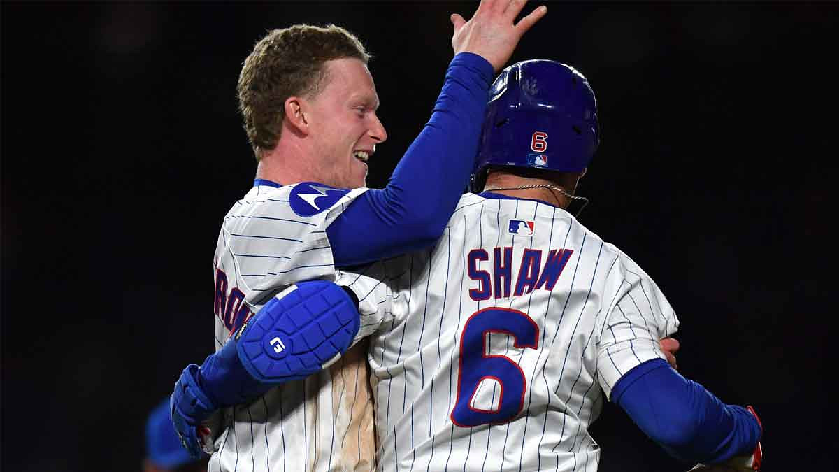Chicago Cubs third baseman Matt Shaw (6) celebrates with center fielder Pete Crow-Armstrong (4) after hitting a walk-off single during the eleventh inning against the Colorado Rockies.