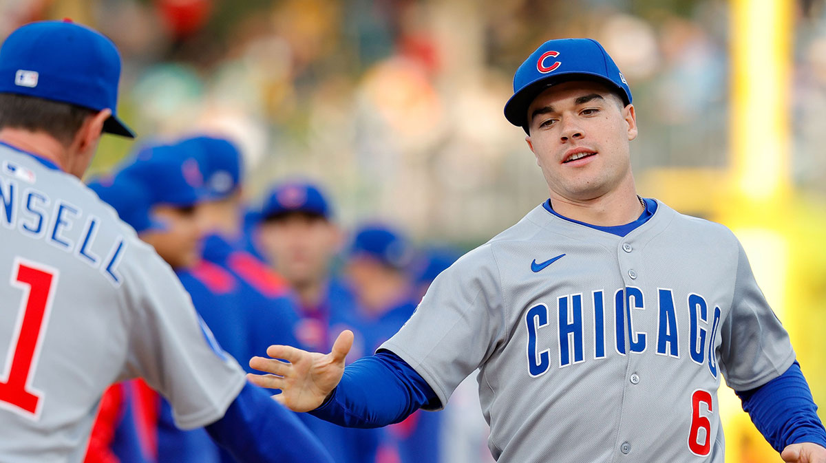 Mar 31, 2025; West Sacramento, California, USA; Chicago Cubs second base Matt Shaw (6) before the game against the Athletics at Sutter Health Park. Mandatory Credit: Sergio Estrada-Imagn Images