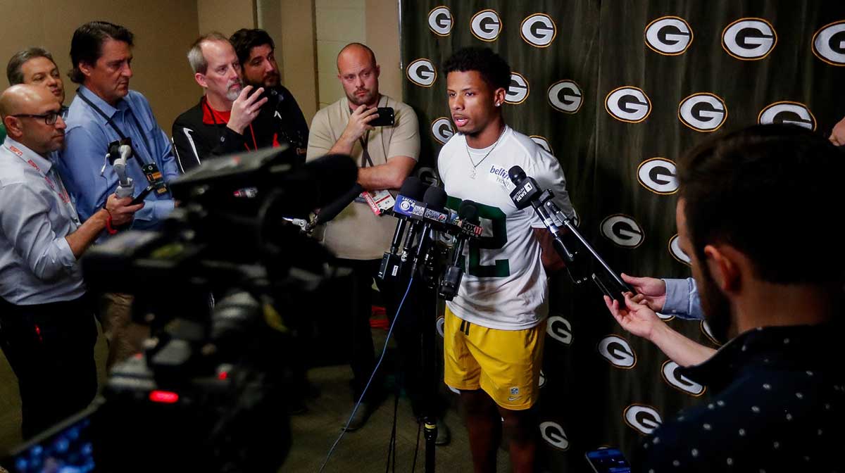 Green Bay Packers wide receiver Matthew Golden is interviewed by the media during rookie minicamp on Friday, May 2, 2025, at Lambeau Field in Green Bay, Wisconsin. The Packers selected Golden with their first round pick in the 2025 NFL Draft. Tork Mason/USA TODAY NETWORK-Wisconsin