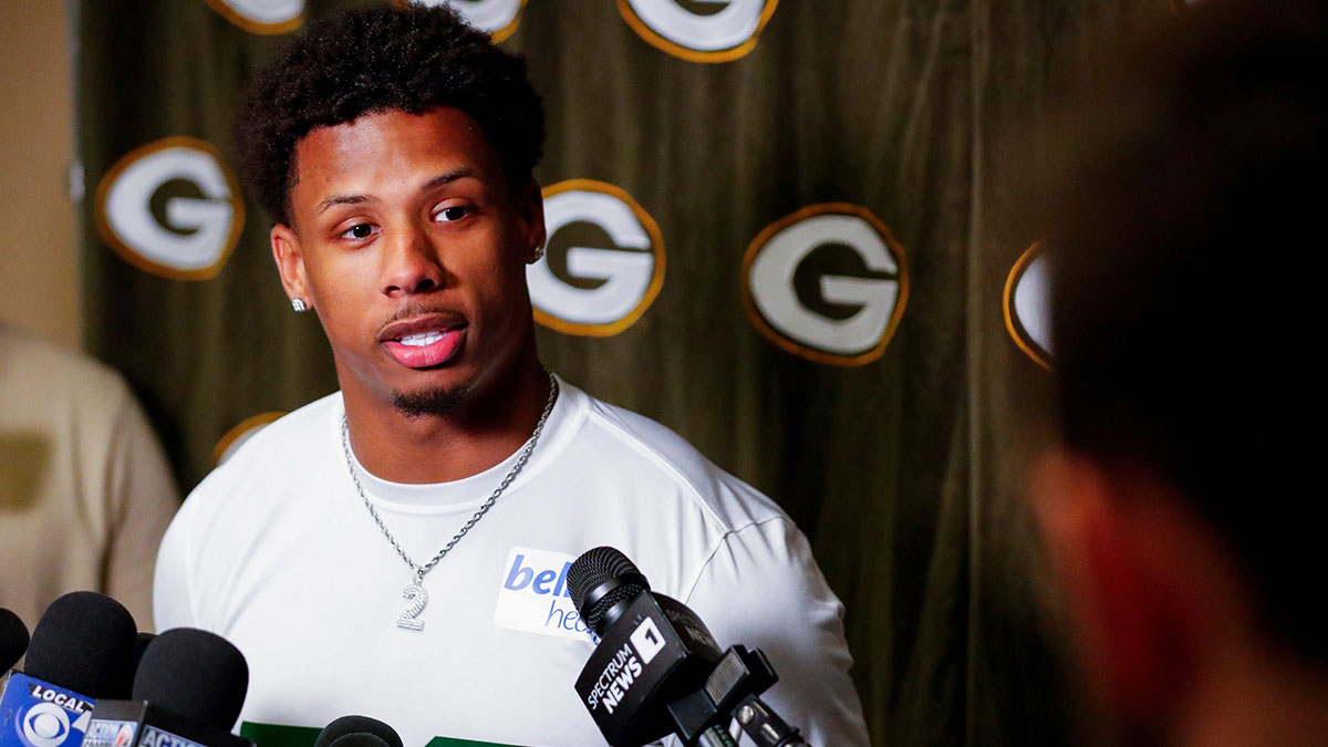 Green Bay Packers wide receiver Matthew Golden is interviewed by the media during rookie minicamp on Friday, May 2, 2025, at Lambeau Field in Green Bay, Wisconsin. The Packers selected Golden with their first round pick in the 2025 NFL Draft.