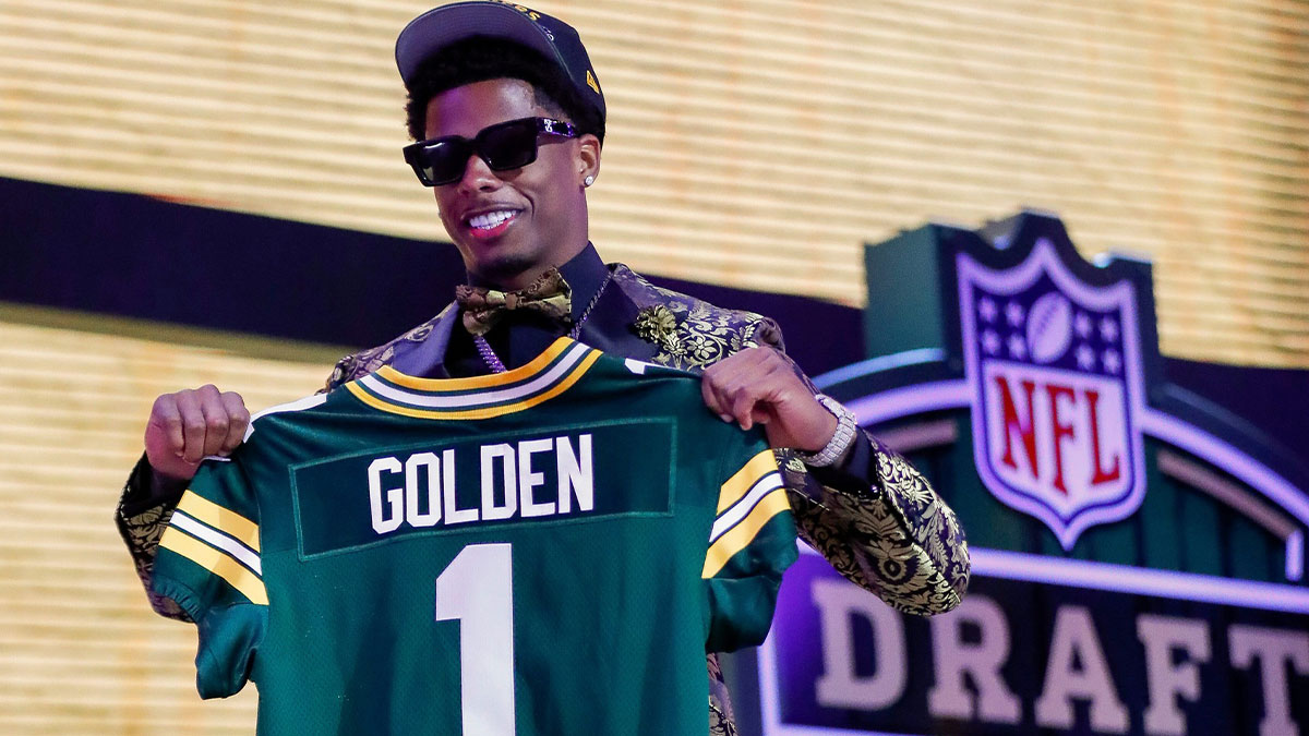 Wide receiver Matthew Golden holds a Green Bay Packers jersey after being selected with the 23rd pick during the first round of the 2025 NFL Draft on Thursday, April 24, 2025, at Lambeau Field in Green Bay, Wisconsin. The draft runs through April 26.