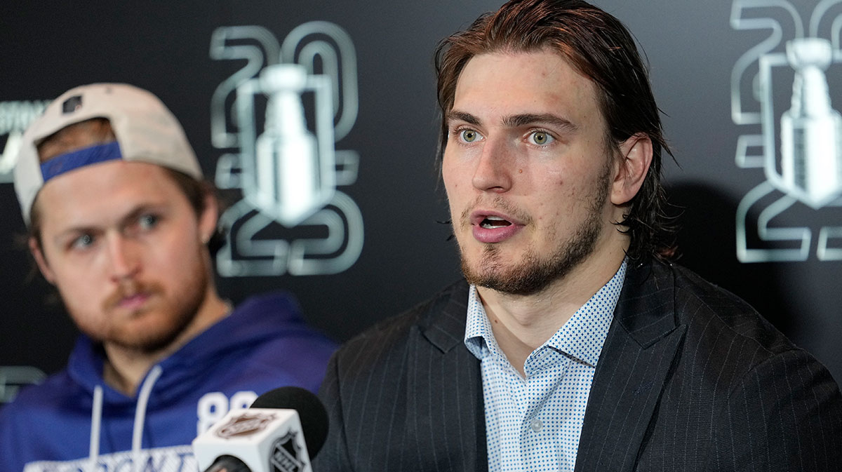 Toronto Maple Leafs forward Matthew Knies (right) and forward William Nylander (left) during a post game press conference following game one in the second round of the 2025 Stanley Cup Playoffs against the Florida Panthers at Scotiabank Arena.