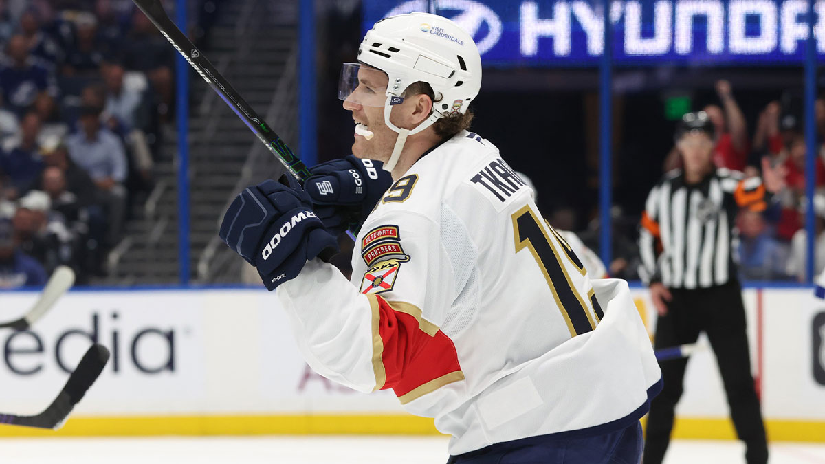 Florida Panthers left wing Matthew Tkachuk (19) celebrates after he scored a goal against the Tampa Bay Lightning during the second period in game one of the first round of the 2025 Stanley Cup Playoffs at Amalie Arena.