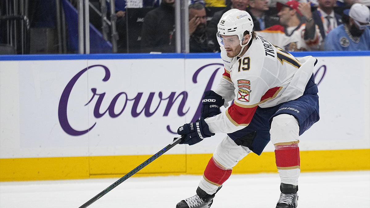 Florida Panthers forward Matthew Tkachuk (19) gets control of the puck against the Toronto Maple Leafs during the third period of game five of the second round of the 2025 Stanley Cup Playoffs at Scotiabank Arena.