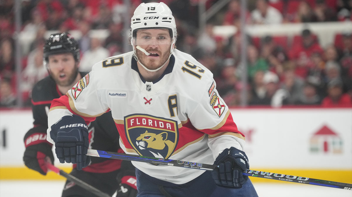 Florida Panthers forward Matthew Tkachuk (19) skates against Carolina Hurricanes during the third period in game two of the Eastern Conference Final of the 2025 Stanley Cup Playoffs at Lenovo Center