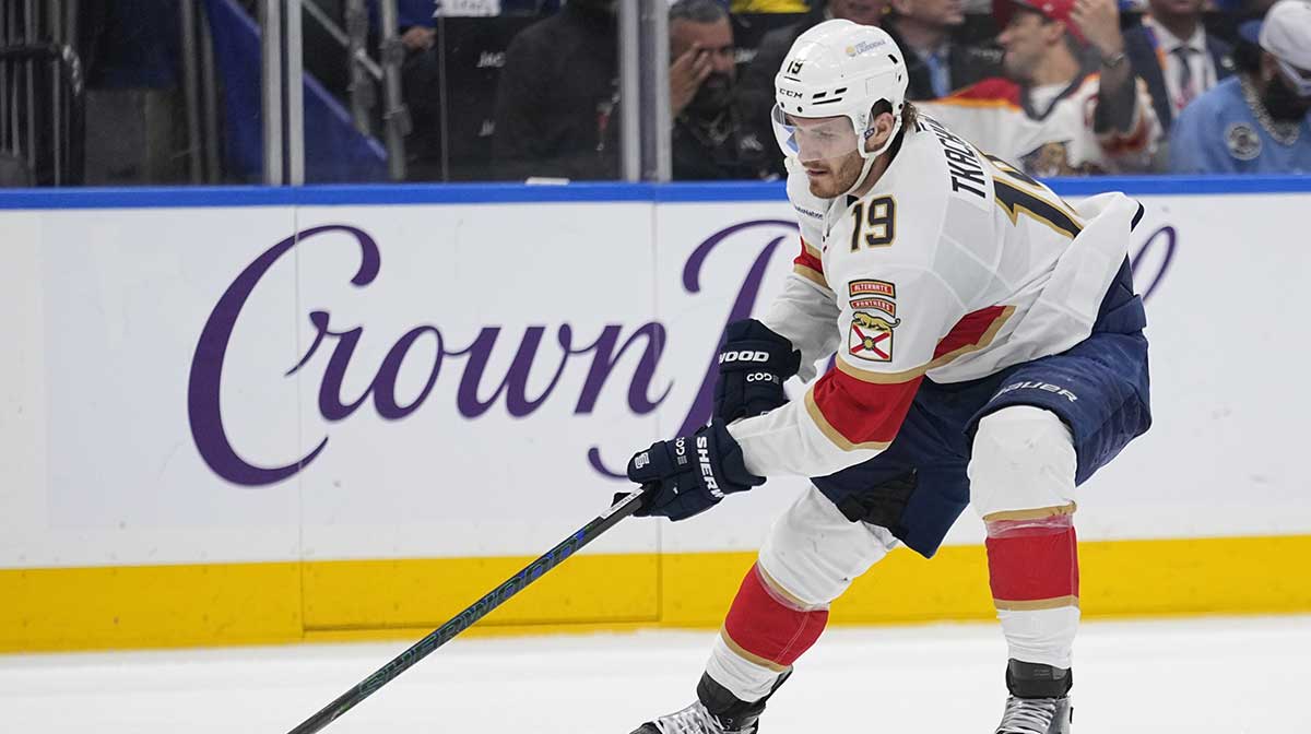 Florida Panthers forward Matthew Tkachuk (19) gets control of the puck against the Toronto Maple Leafs during the third period of game five of the second round of the 2025 Stanley Cup Playoffs at Scotiabank Arena.